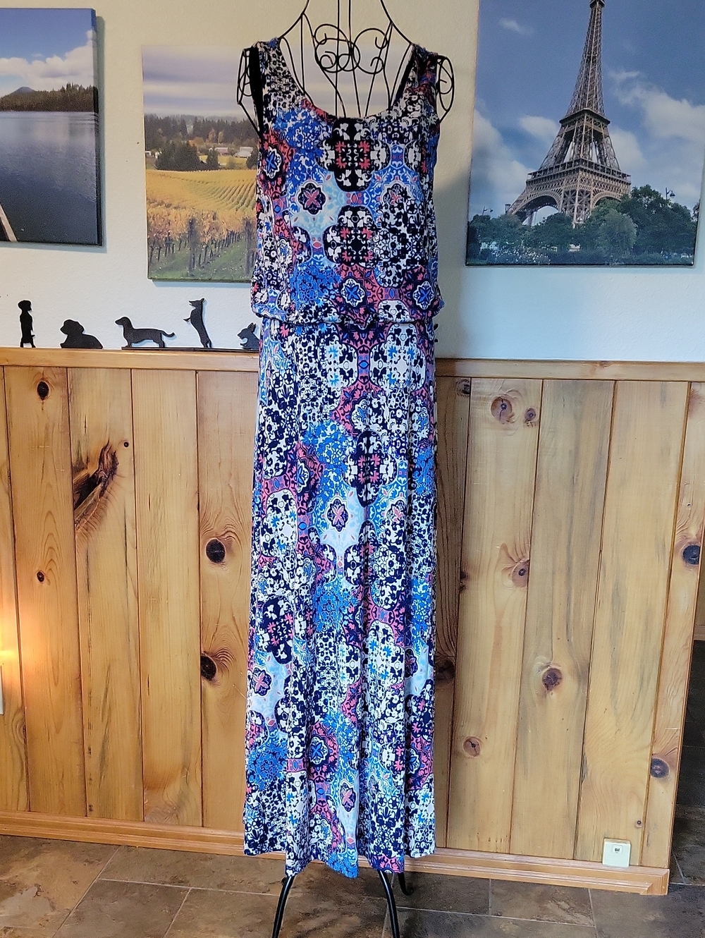 Sleeveless Printed Maxi Dress in Blue & Pink - Lightweight Summer Style